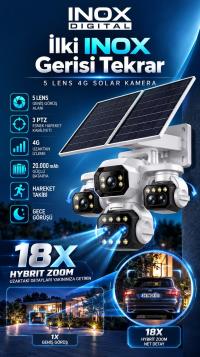 INOX X34 3 motorlu 5 Kameralı (18x Hibrit Zoom) 4G solar  AOV 7/24 Kayıt  3MP X 6 KAMERA  3 HAREKETLI LENS  SOLAR KAMERA - 1